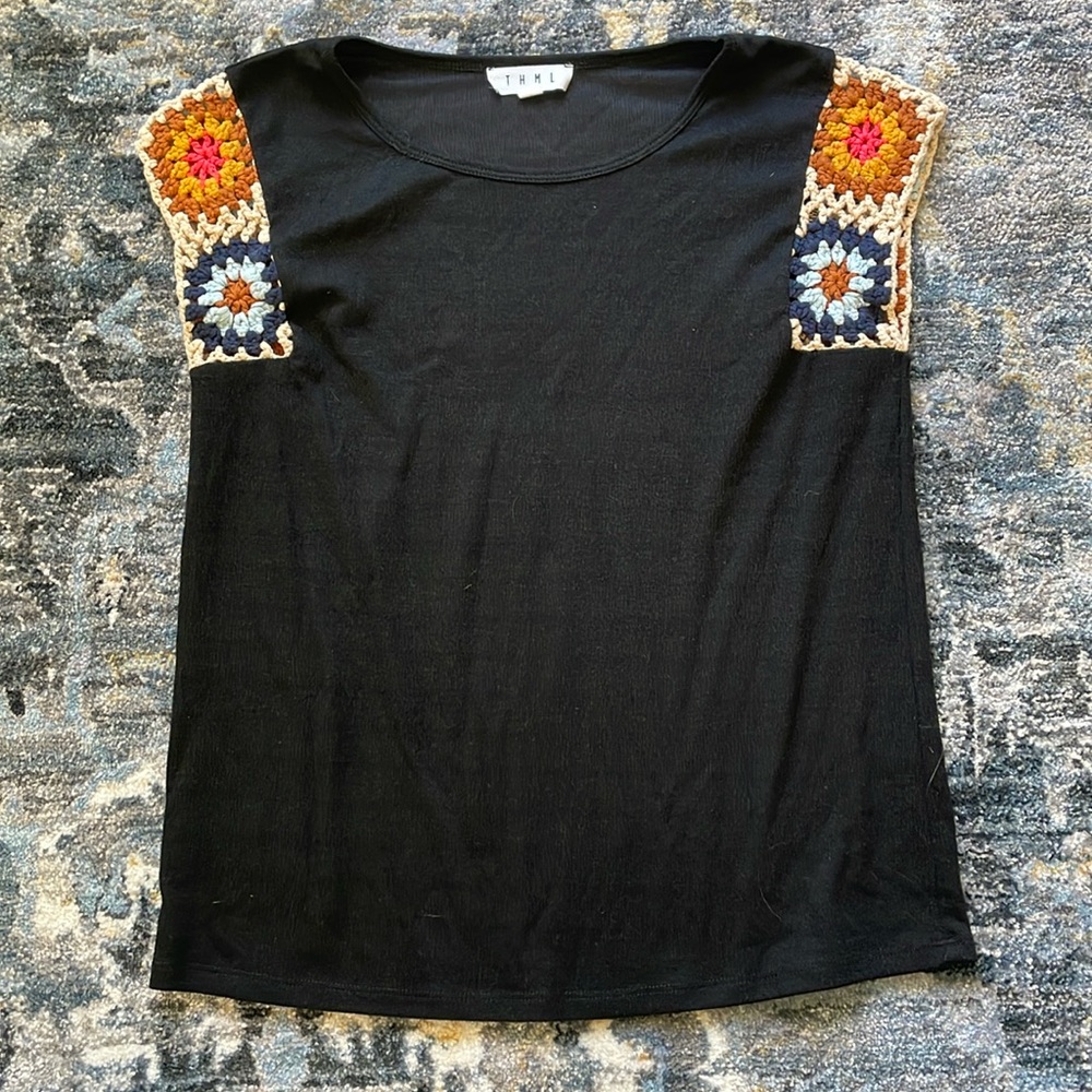 THML Black Top with Multicolor Crochet Shoulders